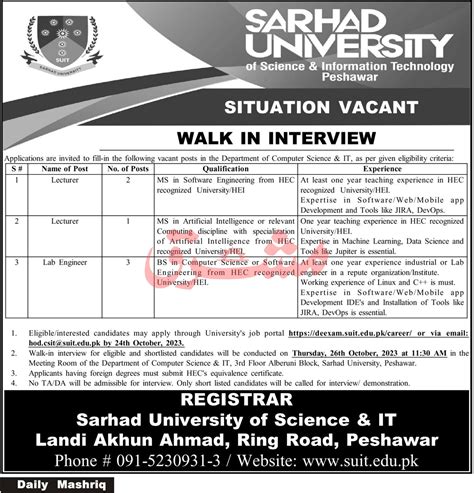 Sarhad University Peshawar Jobs 2023 2024 Job Advertisement Pakistan