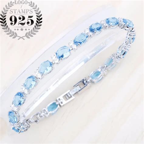 Link Chain Bracelet Women Sky Blue Cubic Zircon Stone Silver 925 Length