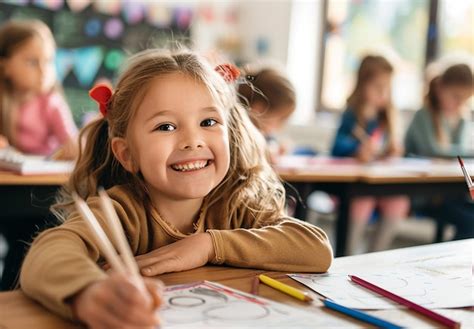 Photo Portrait Of Little Excited Primary School Girl Kid With Smil