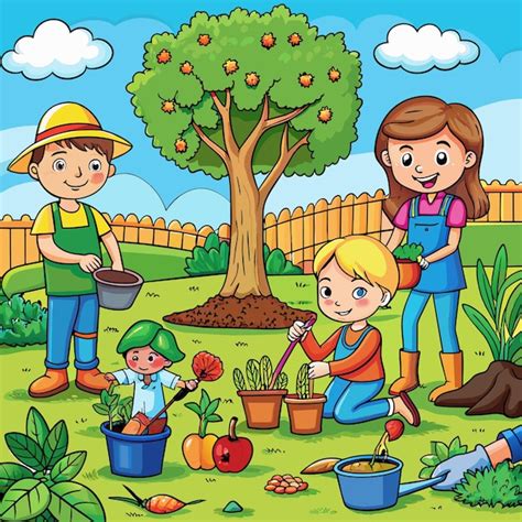 A childrens drawing of a family in a garden with a tree and a tree | Premium AI-generated vector