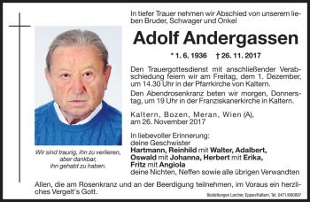 Traueranzeigen Von Adolf Andergassen Trauer Bz