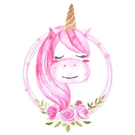 Jolie Licorne Aquarelle Avec Couronne Florale Rose Vecteur Premium