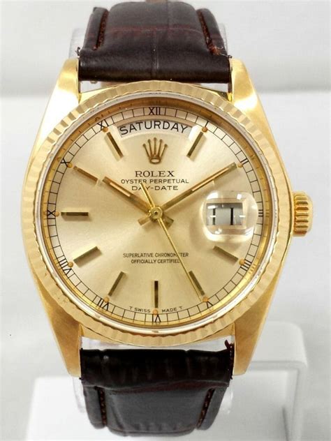 Rolex Day Date 18k Yellow Gold On Brown Leather Strap 18038