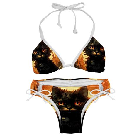 Retro Cat Detachable Sponge Adjustable Strap Bikini Set Two Pack Swim