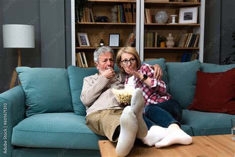 Mature Married Couple Entertaining Observing Terrified Tv Program Senior People Watching Horror