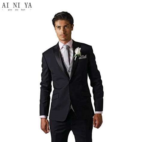 Two Button Black Groom Tuxedos Peak Satin Lapel Best Man Groomsman Men Wedding Suits Bridegroom