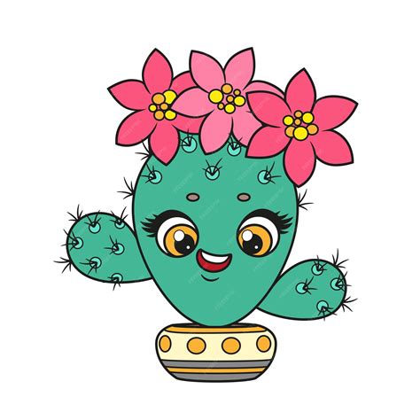 Lindos Cactus De Dibujos Animados Con Flores En Una Variación De Color De Maceta Para Colorear