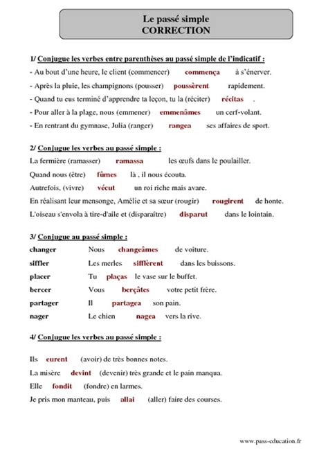 Passé simple Cm2 Exercices corrigés Conjugaison Français