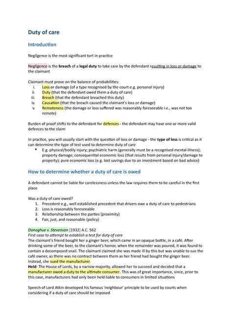 Lecture Notes For Tort Law Duty Of Care Introduction Negligence Is