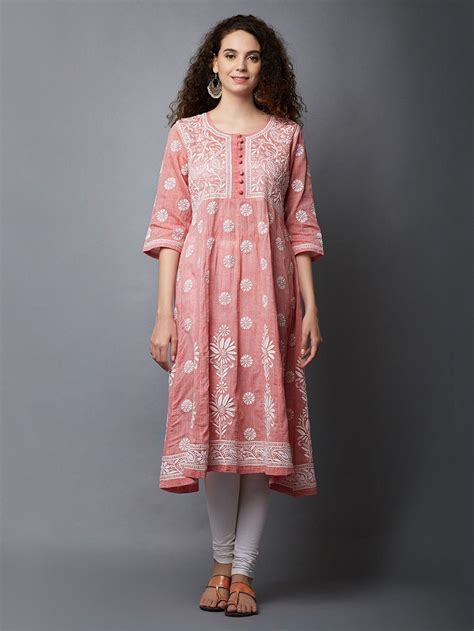 Peach Chikankari Cotton Chanderi Anarkali Kurta In 2019 Indian