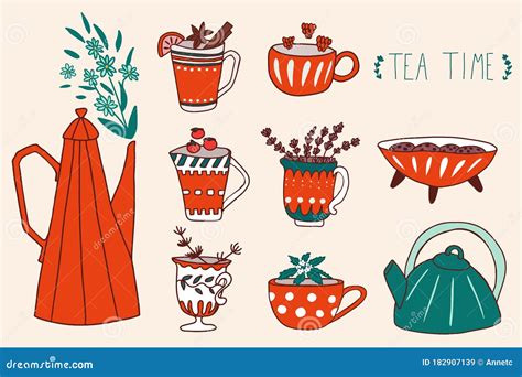 Hand Drawn Flat Set Of Tea Cup Teapot Berries And Herbs Cartoon