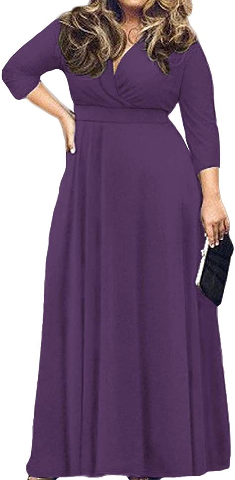 Longyuan Womens Solid V Neck 3 4 Sleeve Plus Size Evening Party Maxi