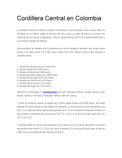 Cordillera Central En Colombia Lo Limitan Los Valles De Los R Os