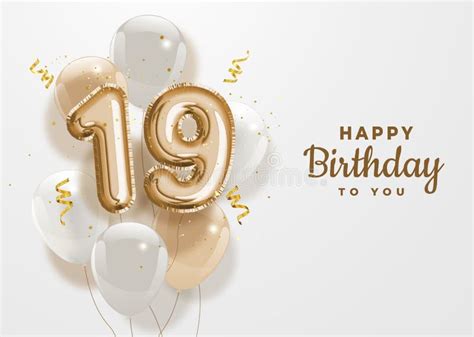 Happy 19th Birthday Gold Foil Balloon Greeting Background Stock