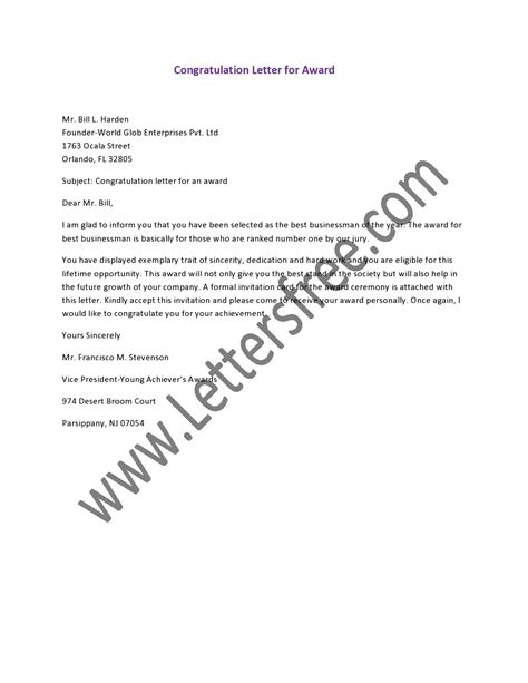 Recommendation Sample Congratulations Award Letter Summary For Cv