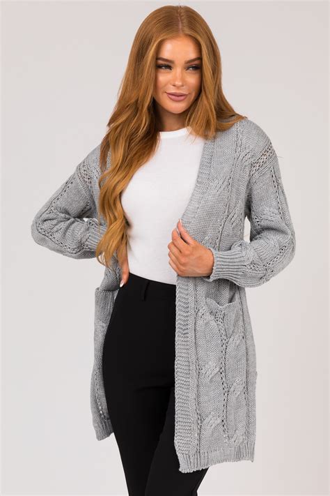 Heather Grey Eyelet Cable Knit Cardigan Lime Lush Boutique