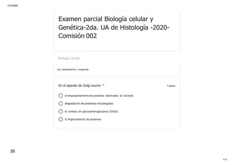 Examen parcial Biología celular y Genética 2da UA de Histología 2020