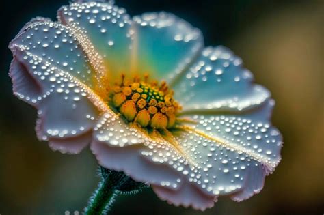 Primer Plano De Una Flor Blanca Con Gotas De Roc O En Sus P Talos