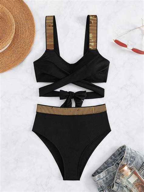 Shein Swim Chicsea Ba Ador Bikini Con Cinta De Rayas Con Tira Cruzada