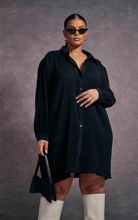 Plus Black Plisse Oversized Shirt Dress Plus Size Prettylittlething Usa