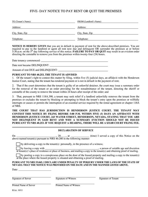 Nv Five Day Notice To Pay Rent Or Quit The Premises 2011 2022 Complete Legal Document Online