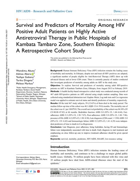 Pdf Survival And Predictors Of Mortality Among Hiv Positive Adult