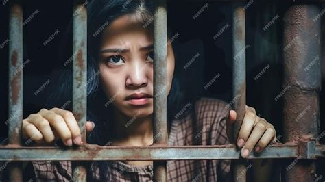 Premium AI Image | Young woman behind prison bars A woman in custody Crime The suffering of a ...