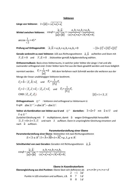 Formelsammlung All Relevant Formulas Vektoren Von Vektoren A21 A33