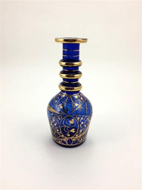 Vase Bohemian Czech Cobalt Blue Glass Hand Etched Artisan Decorated With Gold Gilt And White