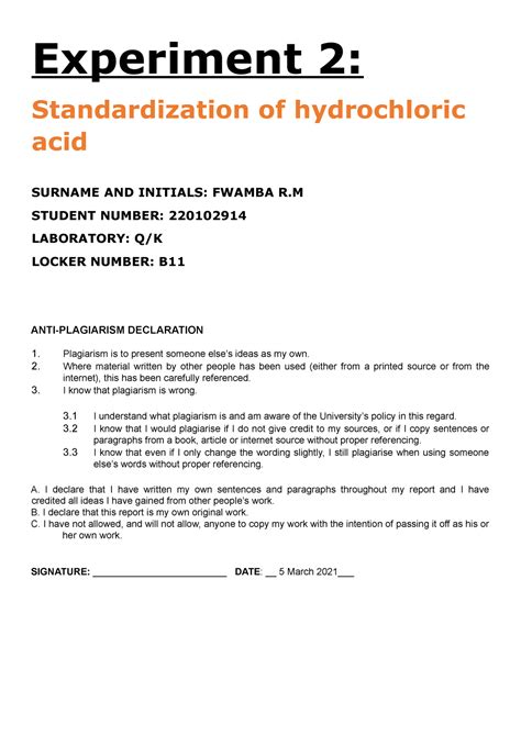 Standardization Of Hcl Experiment Standardization Of Hydrochloric