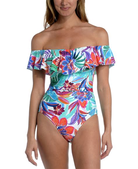 La Blanca Womens Tropics Ruffled Off The Shoulder One Piece Swimsuit