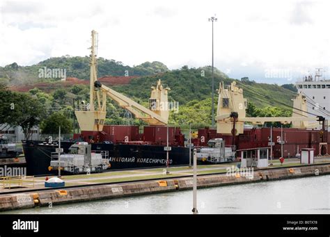 Panama Canal Miraflores Locks Russian Ship Passing Through The Locks