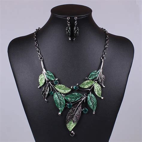 Classic Leaf Leaves Enamel Jewelry Fashion Jewelry Set Crystal Jewelry