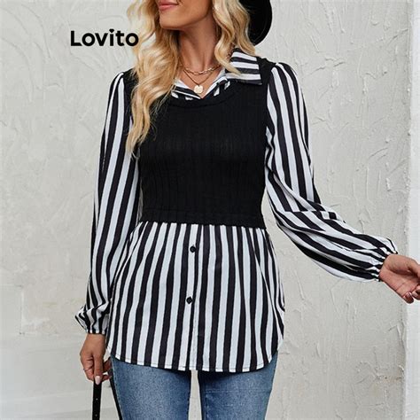 Lovito Women Casual Striped Fabric Stitching Button Blouse Lnl