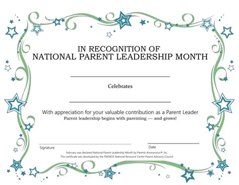 National Parent Leadership Month certificate