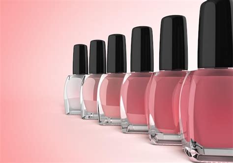 Tonos de botellas de esmalte de uñas rosa 3d render sobre fondo