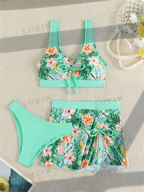 Shein Swim Lushore Conjunto De Bikini Con Estampado Tropical Y Cord N