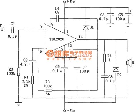 20W HiFi音频功率放大器TDA2020的典型应用电路 电子管功放 维库电子市场网