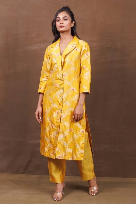 Buy Yellow Banarasi Silk Handwoven Floral Jaal Pattern Notched Jacket