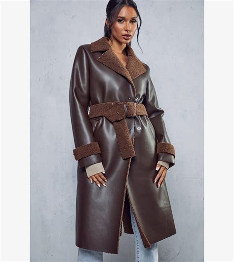 Buy Misspap Leather Look Belted Teddy Lined Coat In Brown Thstreet