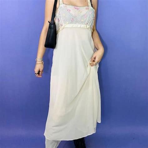 Vintage S White Satin Sheer Mesh Floral Maxi Depop