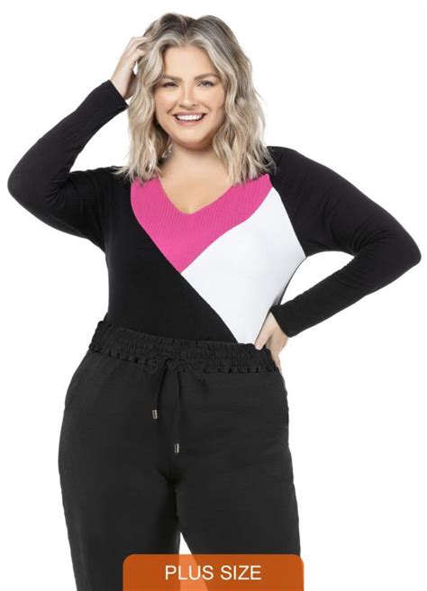 Blusa Manga Longa Recortes Plus Size Preto Donna Peck