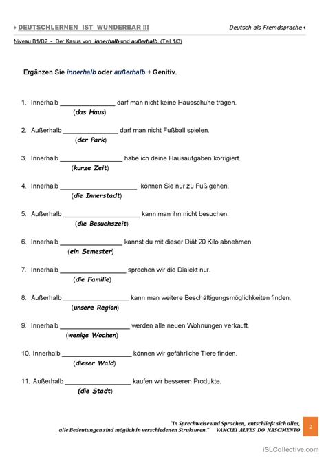 B1 b2 der kasus von innerhalb und Deutsch DAF Arbeitsblätter pdf doc