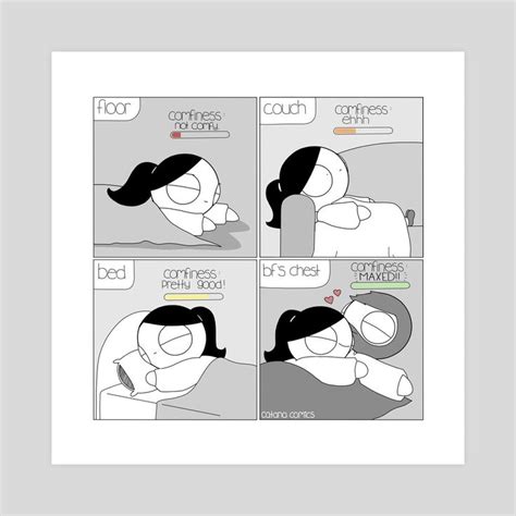 Levels Of Comfiness An Art Print By Catana Chetwynd Relationship Comics Cute Couple Comics