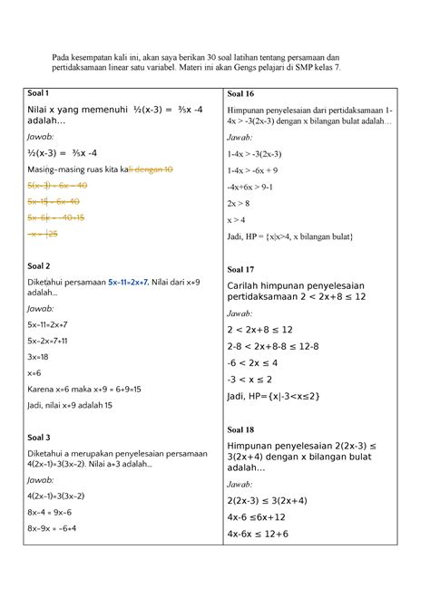 Soal Persamaan Dan Pertidaksamaan Linear Satu Variabel Smp Kelas