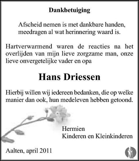 Johannes Hendrikus Hans Driessen Overlijdensbericht En