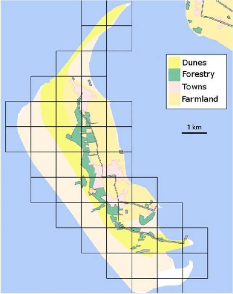 A map of Amrum showing the main landscape features and the 1km grid ...