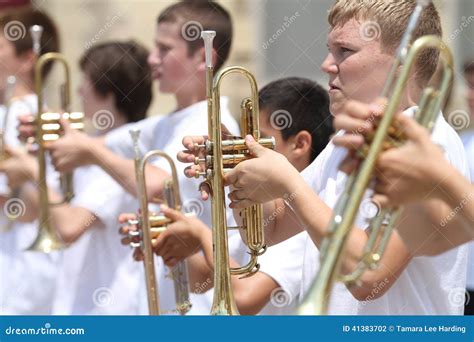 Middle School Band Trumpeters In Parade In Small Town America Editorial