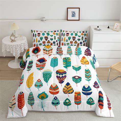 Bohemian Bedding Set Ethnic Tribe Feather Quilt Watercolor Boho Decor