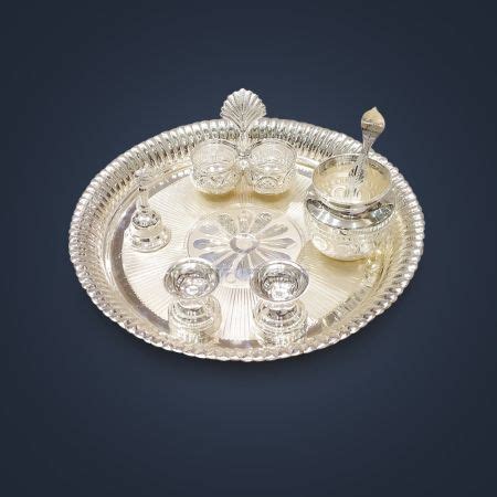 Buy Flower Design Pooja Thali In Pure Silver With Bell Diya